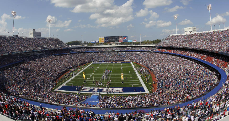 FILE - The Buffalo Bills are introduced before an NFL football game in Orchard Park, N.Y., Sept. 25, 2011. New York Gov. Kathy Hochul on Monday, Dec. 20, 2021, expressed confidence she can reach a deal involving hundreds of millions of dollars in public funding to build a new stadium for the Buffalo Bills in time to be included on the state’s budget due in April. (AP Photo/David Duprey, File)