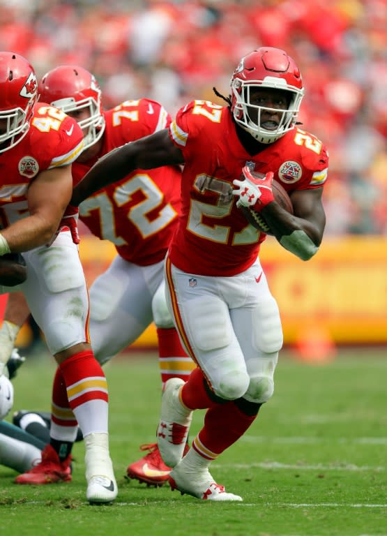 Running back Kareem Hunt of the Kansas City Chiefs carries the ball during their game against the Philadelphia Eagles, at Arrowhead Stadium in Kansas City, Missouri, on September 17, 2017