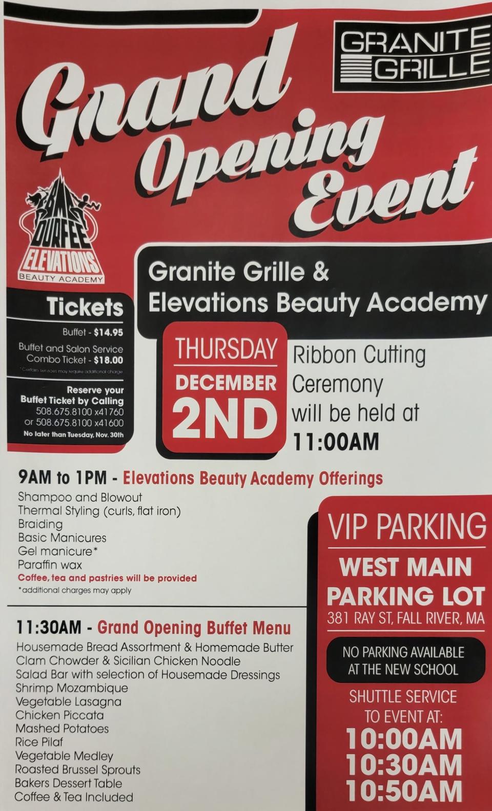 A flyer for the grand opening of Durfee's Granite Grille and Elevations Beauty Academy.