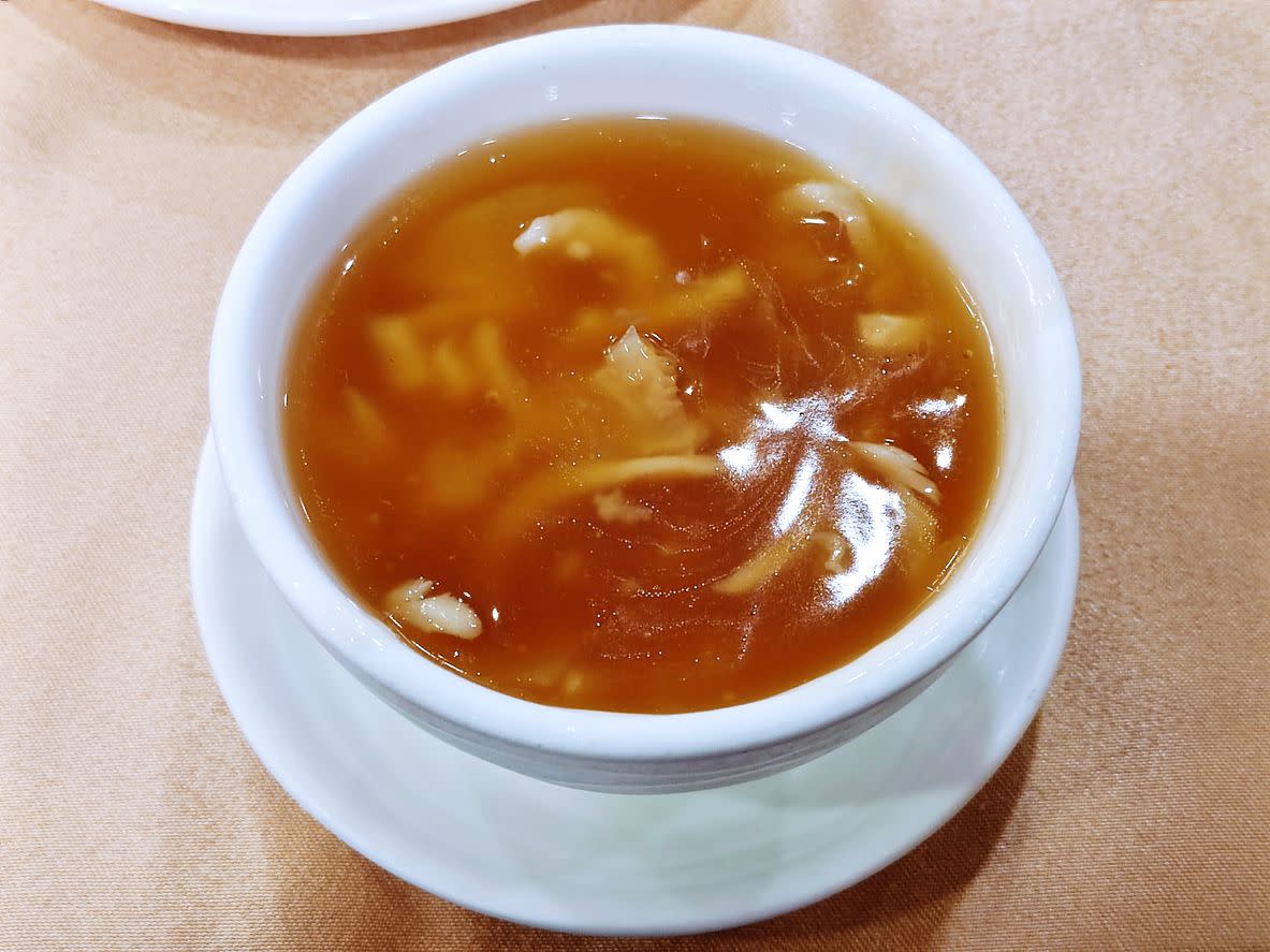 A close-up image of Shark Fin soup.