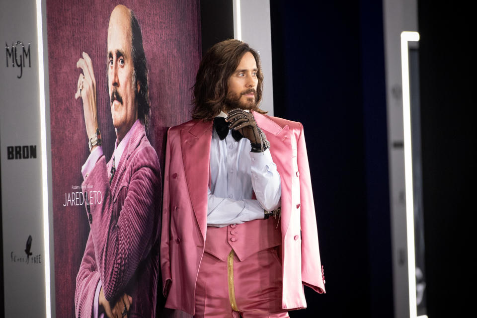 Jared Leto in a pink suit on at the premiere of House of Gucci