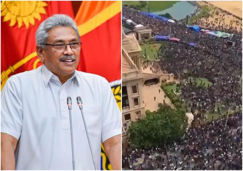 斯里蘭卡總統拉賈帕克薩（左）行蹤成謎，甚至傳出已逃亡，總統官邸已被大批示威者占領。（翻攝自推特）