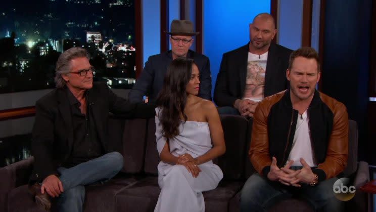 Kurt Russell, Zoe Saldana, Chris Pratt, Michael Rooker, and Dave Bautista of 'Guardians of the Galaxy Vol. 2' visit 'Jimmy Kimmel Live'