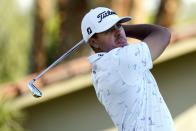 Joseph Bramlett watches his shot from the 18th tee during the second round of the American Express golf tournament at La Quinta Country Club on Friday, Jan. 21, 2022, in La Quinta, Calif. (AP Photo/Marcio Jose Sanchez)