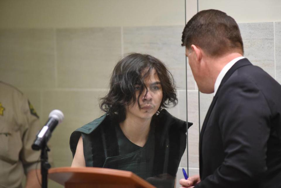 Ex-UC Davis student Carlos Reales Dominguez appears in Yolo Superior Court on Friday, May 5, 2023. He was charged with two counts of murder and one of attempted murder related to three recent stabbings in Davis.