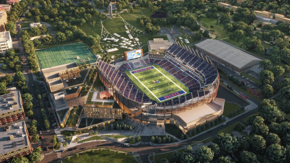 A first look at renderings of David Booth Kansas Memorial Stadium, with renovations expected to be underway in December of 2023 until August of 2025.