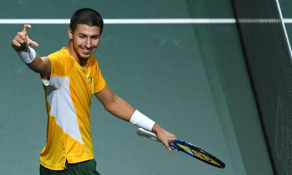 Australia’s Alexei Popyrin celebrates after beating Finland’s Otto Virtanen