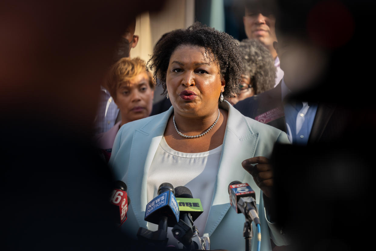 Georgia gubernatorial candidate Stacey Abrams speaks to the press.