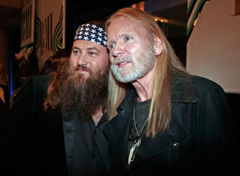 <p>Willie Robertson, left, of the TV show “Duck Dynasty,” and Gregg Allman arrive for the BMI Country Awards on Tuesday, Nov. 5, 2013, in Nashville, Tenn. (AP Photo/Mark Humphrey) </p>