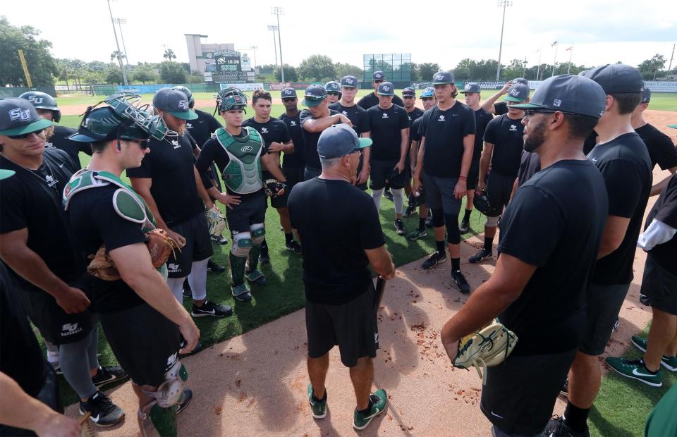 Stetson baseball coach Steve Trimper talks to his team during a 2018 practice at Melching Field at Conrad Park. The venue opened in 1999 and underwent only minor changes until last summer.