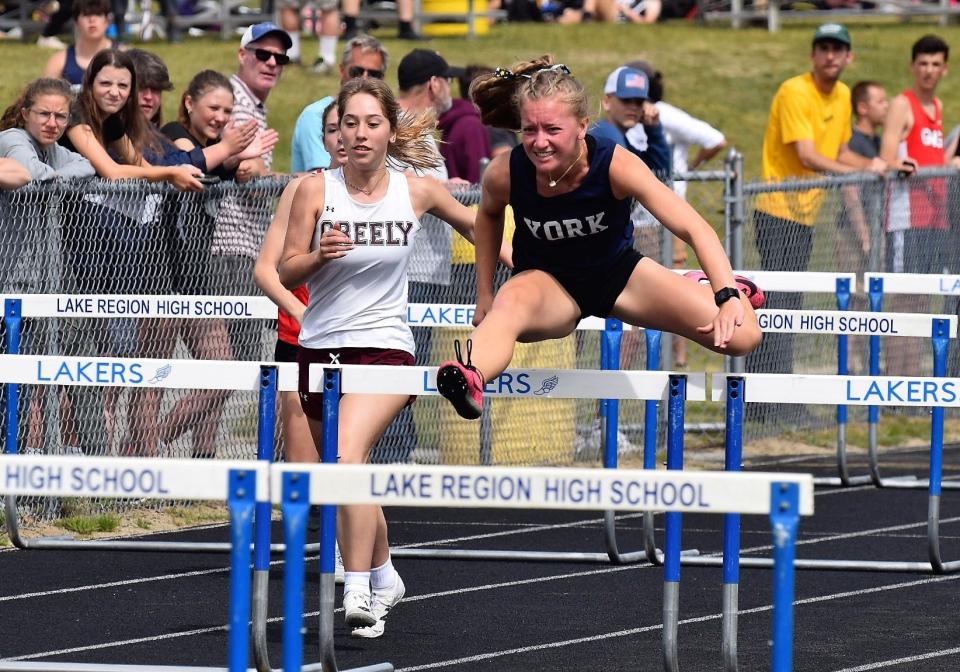 York High School’s Charlotte Williamson won the 300-meter hurdles title at Saturday’s Western Maine Conference Championship in Naples, Maine.