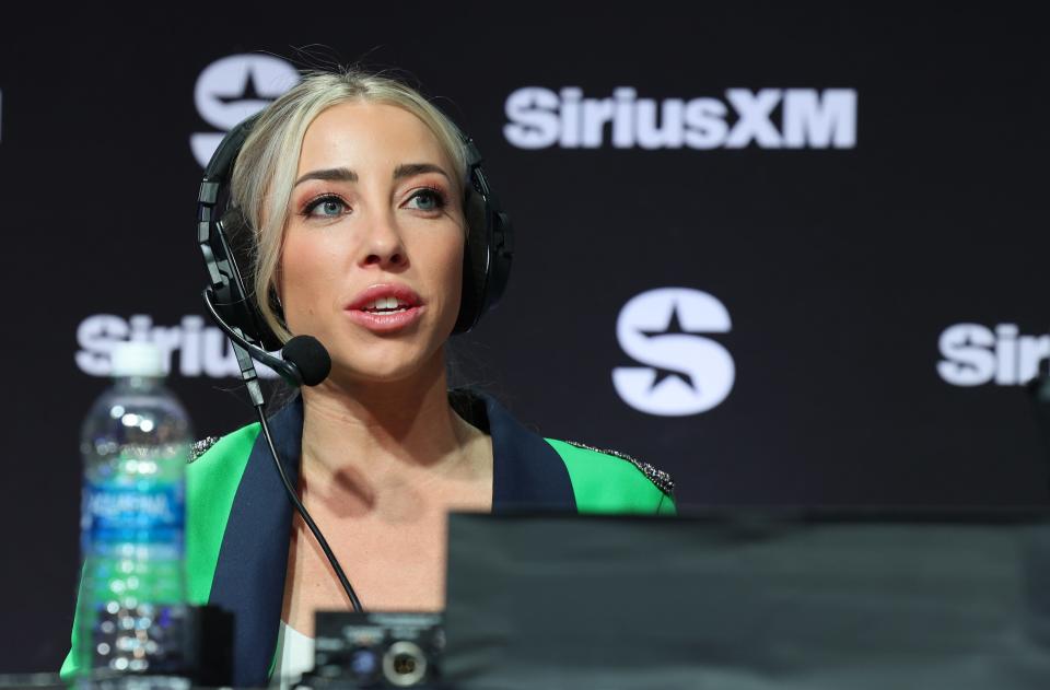 Olivia Harlan Dekker speaks on SiriusXM at Super Bowl LVIII on February 09, 2024 in Las Vegas, Nevada.