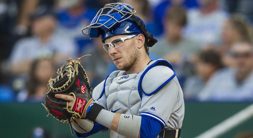 KANSAS CITY, MO - JULY 30: Toronto Blue Jays catcher Danny Jansen (9) get setup behind home plate  during the MLB regular season game between the Toronto Blue Jays and the Kansas City Royals on Tuesday July 30, 2019 at Kauffman Stadium in Kansas City, MO.  (Photo by Nick Tre. Smith/Icon Sportswire via Getty Images)