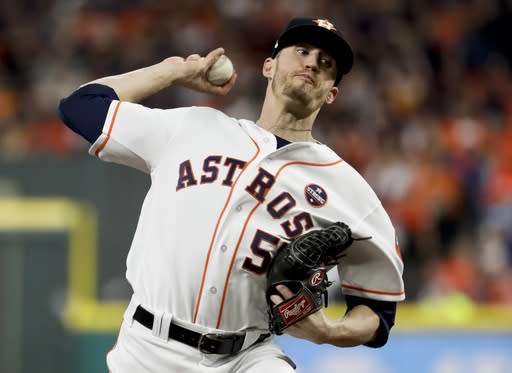 Houston Astros relief pitcher Ken Giles throws against the Los Angeles Dodgers during the ninth inning of Game 4 of baseball’s World Series Saturday, Oct. 28, 2017, in Houston. (AP)