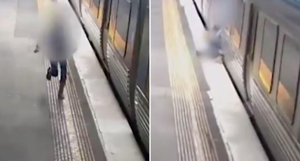 A woman tries to get into a moving Melbourne train and ends up being dragged. Source: 7 News