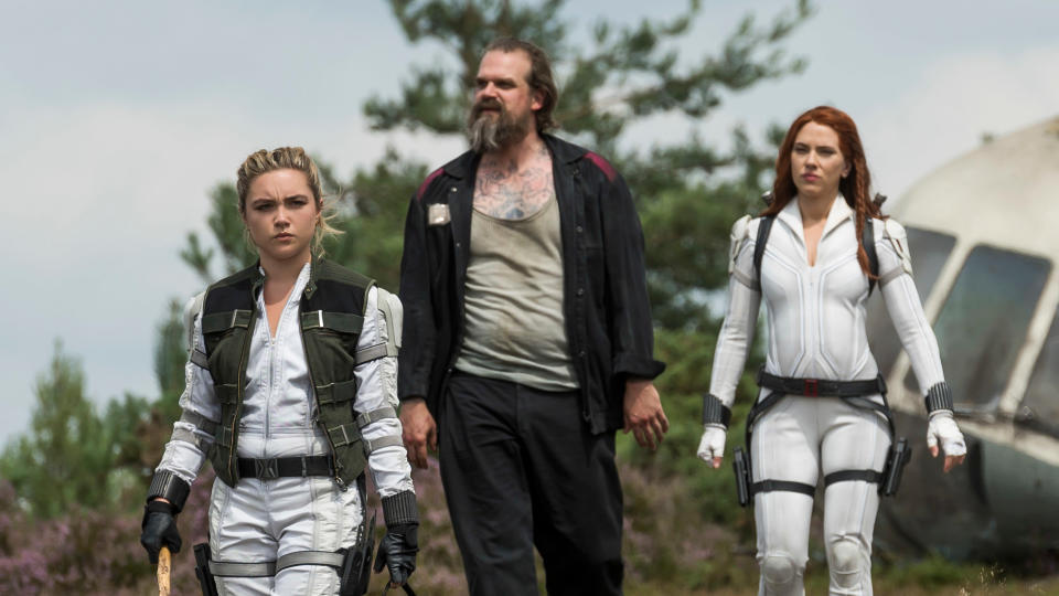 Natasha (Scarlett Johansson) reconnects with figures from her past in 'Black Widow', including Yelena (Florence Pugh) and Alexei (David Harbour). (Jay Maidment/Marvel Studios/Disney)