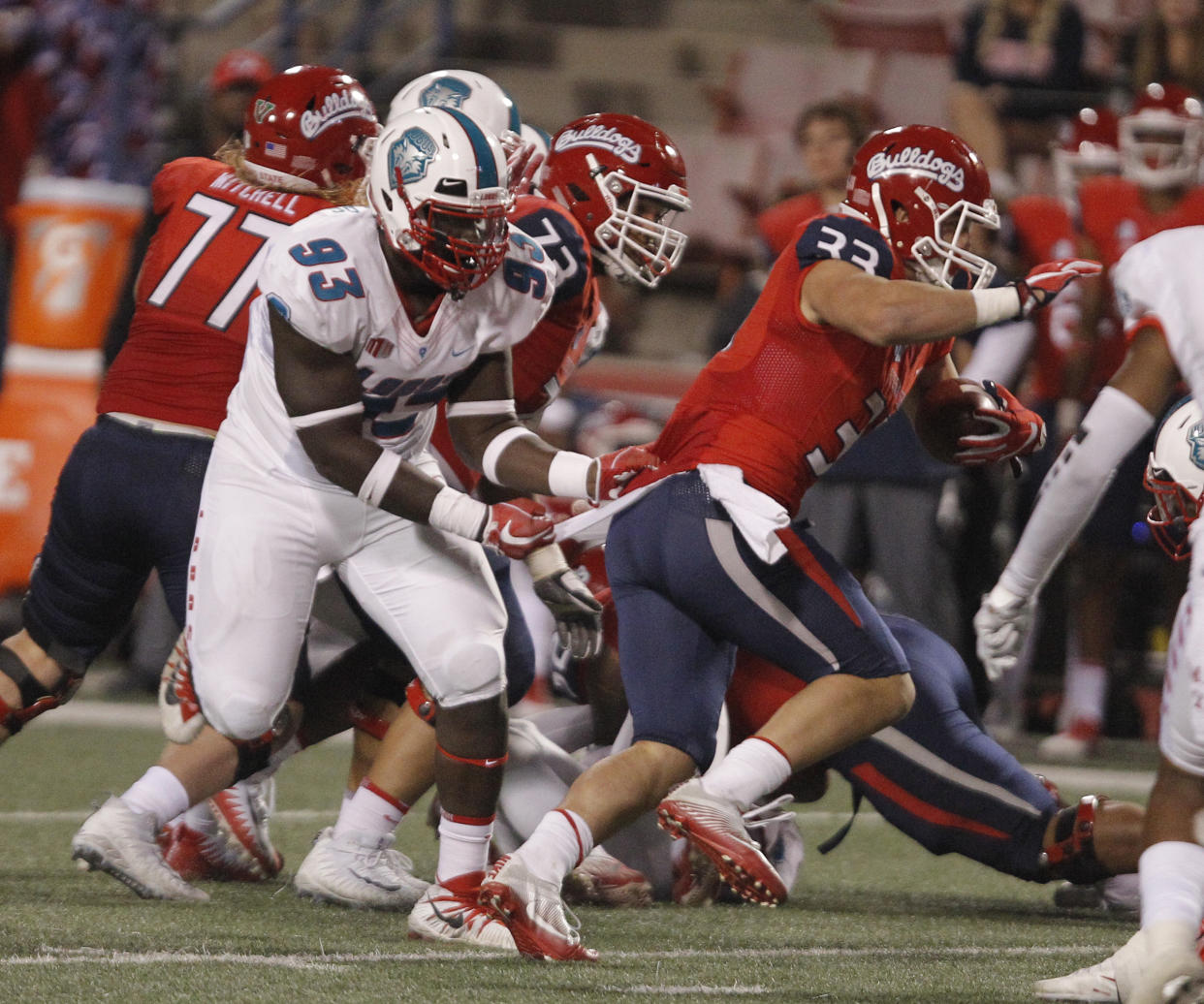 Fresno State's Josh Hokit runs downfield against New Mexico's Nahje Flowers during the second half of an NCAA college football game in Fresno, Calif., Saturday, Oct. 14, 2017. Fresno State won 38-0. (AP Photo/Gary Kazanjian)