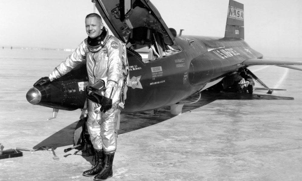 Astronaut Neil Armstrong with an X-15 rocket plane after a test flight