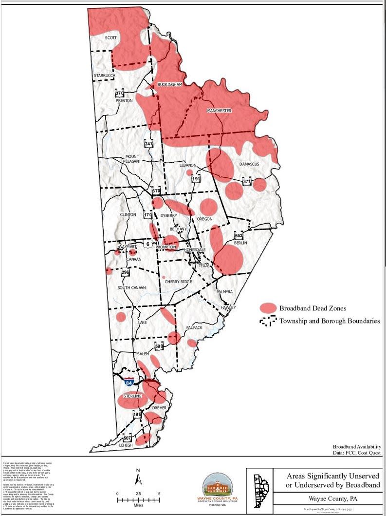 This map of Wayne County shows significant areas that, as of October 2023, have poor or no internet broadband service. This includes the entire township of Manchester. Note that there are many very small pockets in addition to those on the map, but they would not be visible at this scale. Information is based on survey data from the Wayne County Broadband Project. The map was prepared by Wayne County GIS Manager Jason Zarnowski.