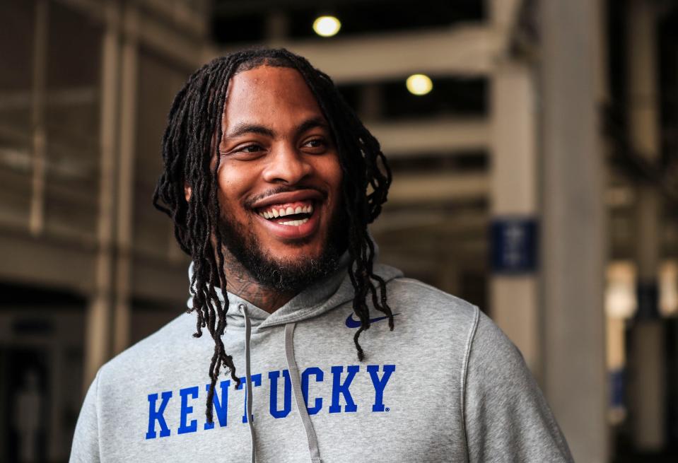 Waka Flocka Flame smiles at Herald-Leader photographer Alex Slitz before the game against Florida Saturday night at Kroger Field in Lexington. Oct. 2, 2021