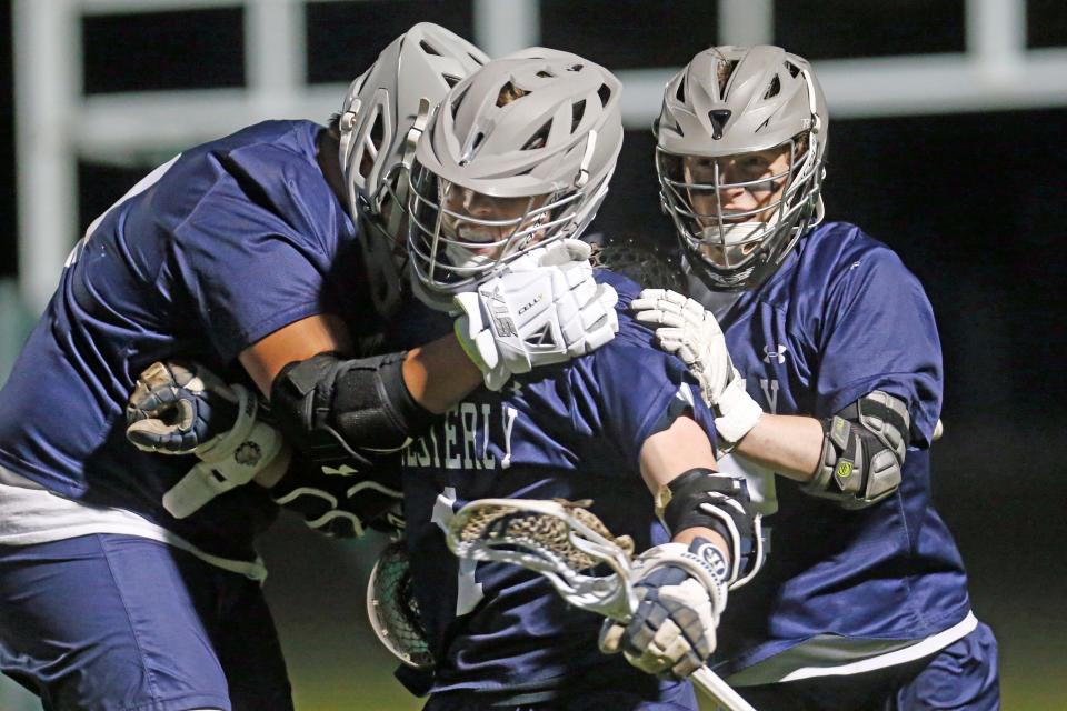 Westerly's Lance Williams celebrates with teammates during a game last April.