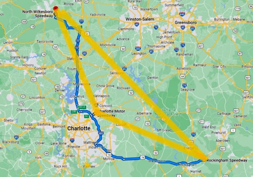 A visualization of the “golden triangle of racing,” an expression coined by Dan Lovenheim, owner of Rockingham Speedway.