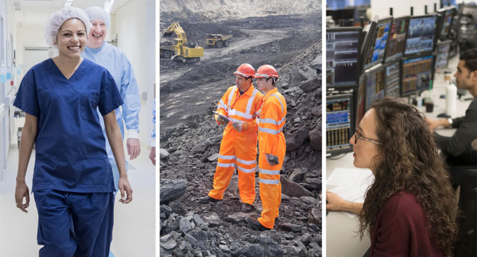 Composite image of healthcare workers, mining workers, and workers sitting at computers, as wage statistics are released