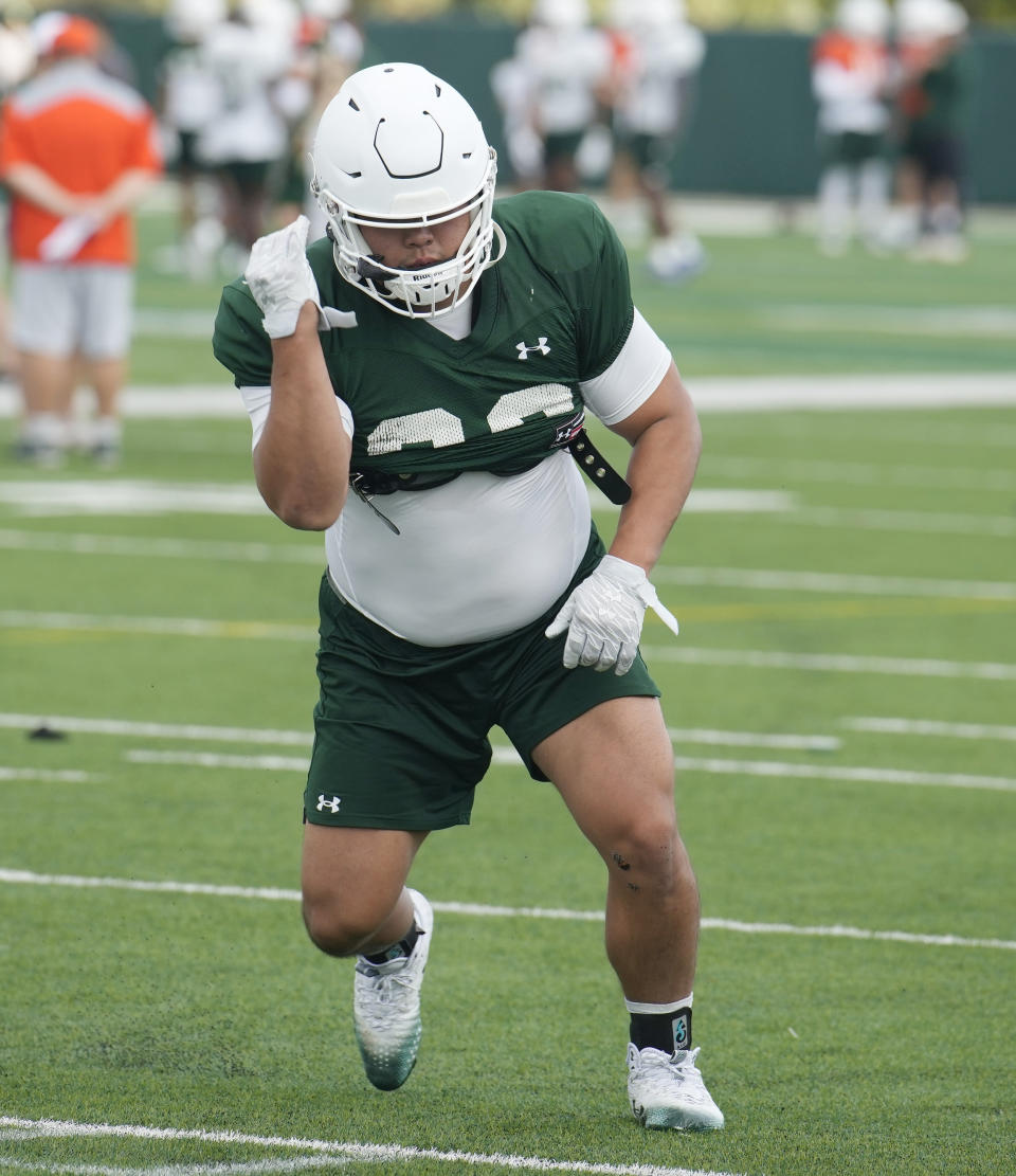 Colorado State defensive lineman Hidetora Hanada, who rose to the highest amateur ranks of sumo wrestling in Japan, takes part in drills during the team's NCAA college football practice on the university's campus Tuesday, Aug. 8, 2023, in Fort Collins, Colo. (AP Photo/David Zalubowski)