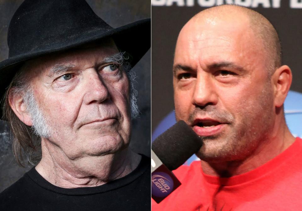 This combination photo shows Neil Young in Calabasas, California., left, and UFC announcer and podcaster Joe Rogan before a UFC event in Seattle.