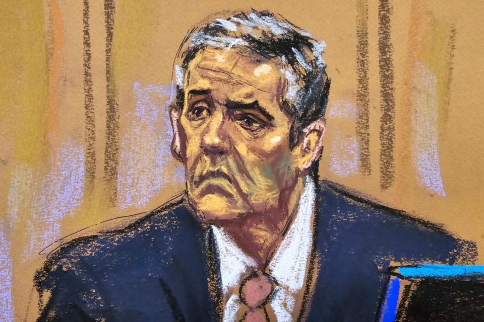 PHOTO: This courtroom sketch depicts Michael Cohen being examined by defense lawyer Todd Blanche during former U.S. President Donald Trump's criminal trial in Manhattan state court, May 20, 2024, in New York. (Jane Rosenberg/Reuters)