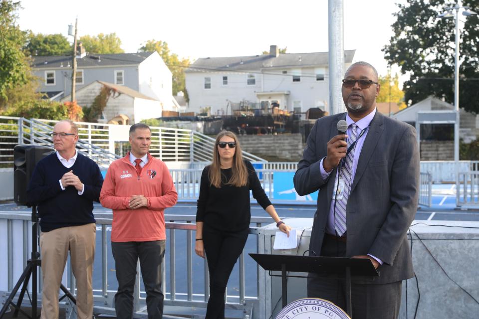 Poughkeepsie City Schools superintendent Eric Rosser speaks during the opening of the mini soccer pitches at Pulaski Park in the City of Poughkeepsie on October 12, 2022. The new soccer facilities were installed through the support of Dutchess County native Tyler Adams, the U.S. Soccer Foundation and the county.