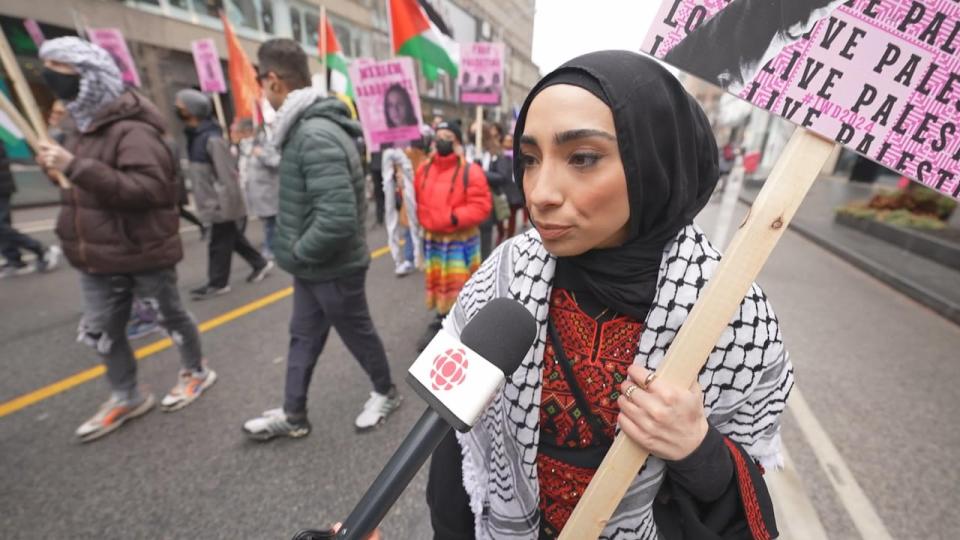 International Women's Day protestor Siram Tortumlu said for this year's event, she's raising awareness about the lack of menstruation products and access to safe medical care for women in Gaza due to the ongoing conflict.