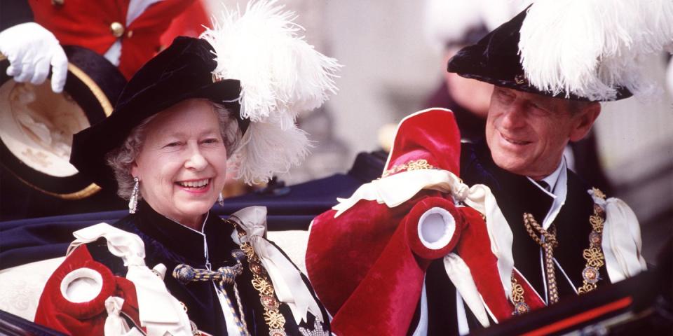 <p>In matching outfits with her husband Prince Philip for a royal procession for the garter ceremony in Windsor.</p>