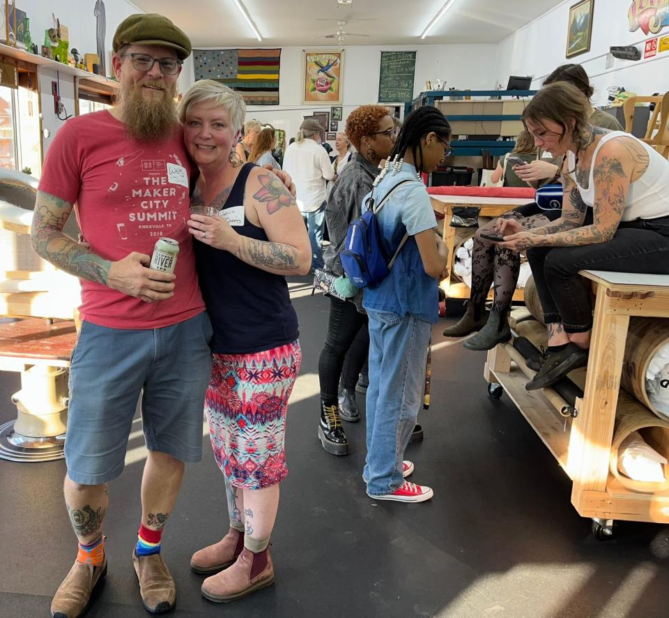 Wes and Jes Breitenbach in Crown Upholstery’s new space on Central Avenue. They recently welcomed a crowd for a Maker Mingle, presented by The Maker City under the umbrella organization the Knoxville Entrepreneur Center.