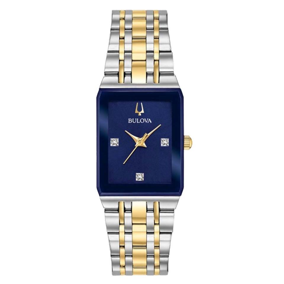 watch with two tone band and blue face