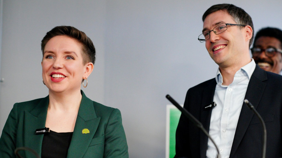 Green Party co-leaders Carla Denyer and Adrian Ramsay speak at their local election campaign launch in Bristol