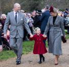 <p>She joined the rest of the royal family for their first Christmas at Sandringham without Queen Elizabeth. Here, she holds hands with her daughter, Lena.</p>