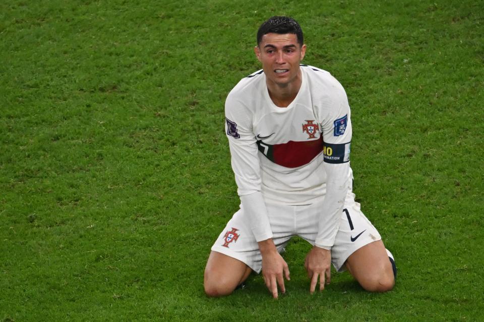 Portugal's forward #07 Cristiano Ronaldo reacts at being defeated during the Qatar 2022 World Cup quarter-final football match between Morocco and Portugal at the Al-Thumama Stadium in Doha on December 10, 2022. (Photo by NELSON ALMEIDA / AFP) (Photo by NELSON ALMEIDA/AFP via Getty Images)