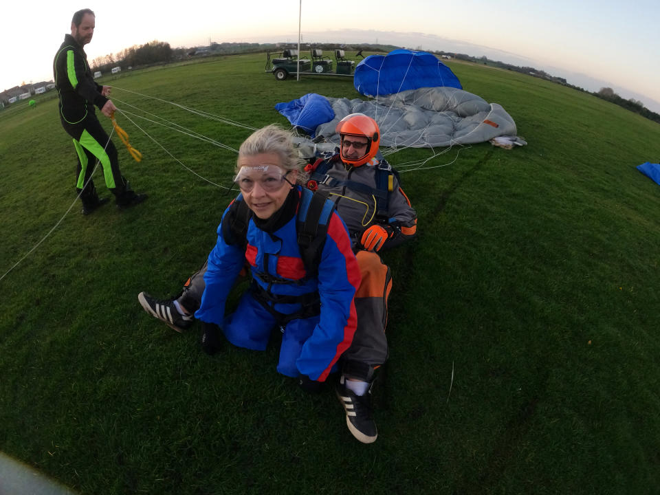 Jo landing from her 15,000 feet skydive (PA Real Life/Skyhigh Skydiving)