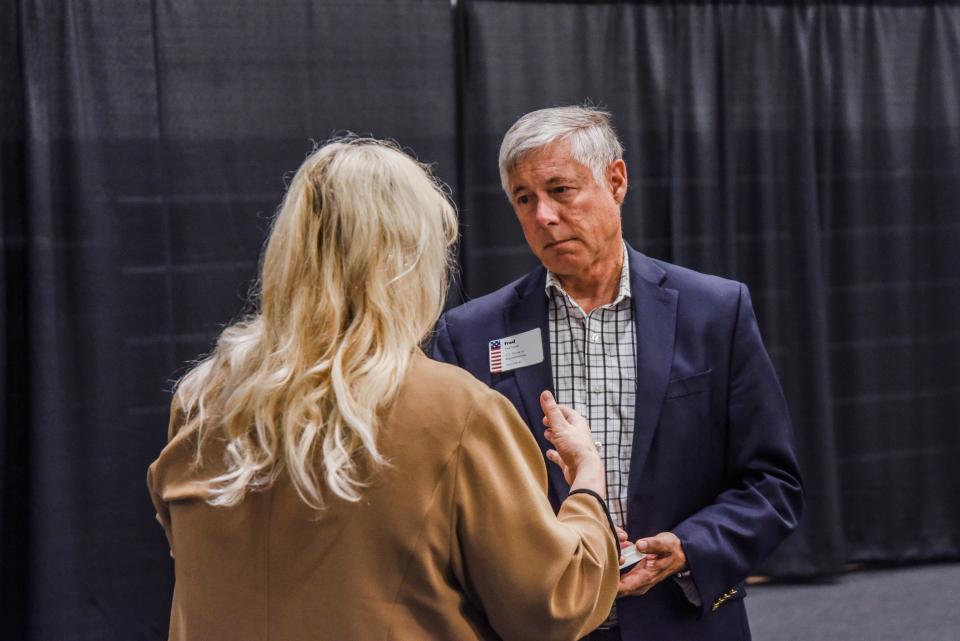 Rep. Fred Upton, R-Michigan, speaks with a member during the Michigan West Coast Chamber of Commerce's annual member breakfast on June 17, 2020. Upton hopes the Problem Solvers Caucus can play a role in another stimulus even before the new Congress is sworn in next year.