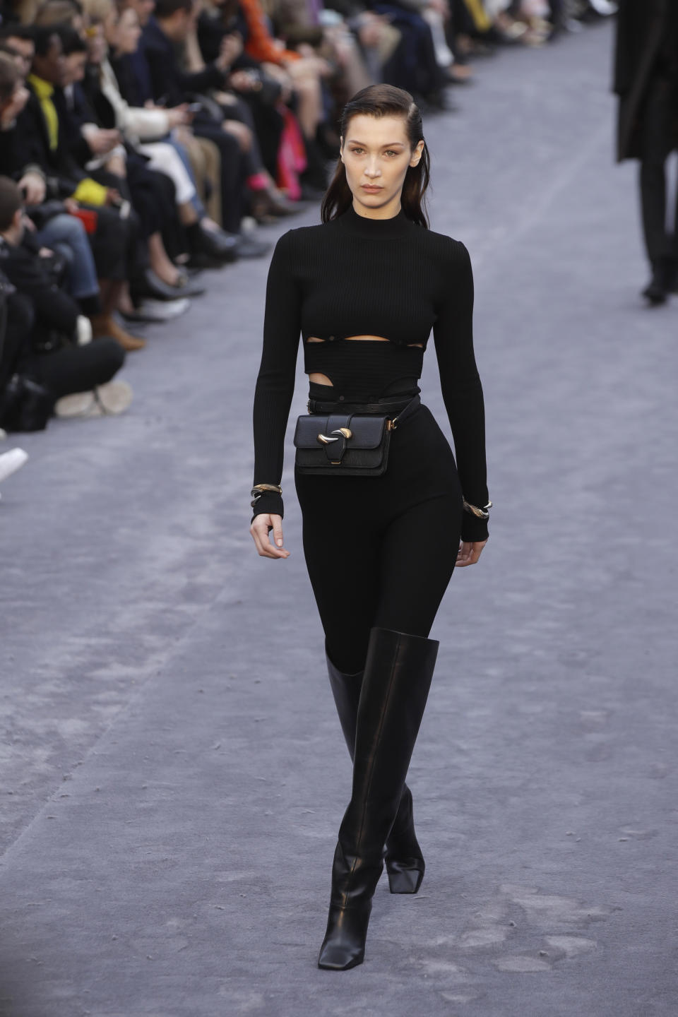 Model Bella Hadid wears a creation as part of the Roberto Cavalli women's Fall-Winter 2019-2020 collection, that was presented in Milan, Italy, Saturday, Feb.23, 2019. (AP Photo/Luca Bruno)