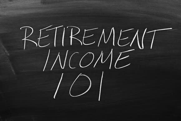 The words "RETIREMENT INCOME 101" printed on a blackboard