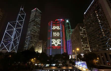 A lighting show displays "150 anniversary" on HSBC headquarters in Hong Kong, March 3, 2015. REUTERS/Bobby Yip