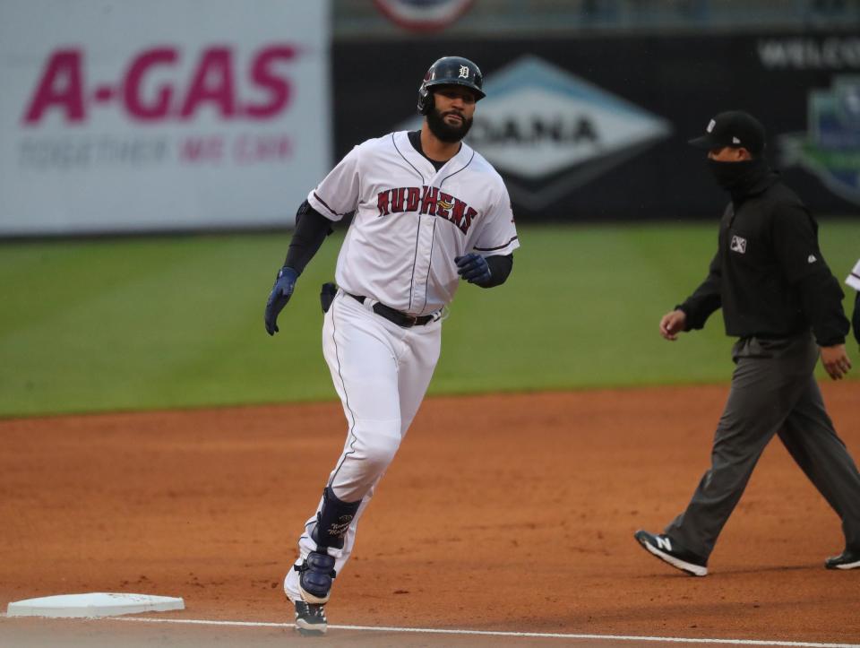 Toledo Mud Hens DH Nomar Mazara rounds the bases after his homer against the Nashville Sounds on Tuesday, May 4, 2021 in Toledo, Ohio.