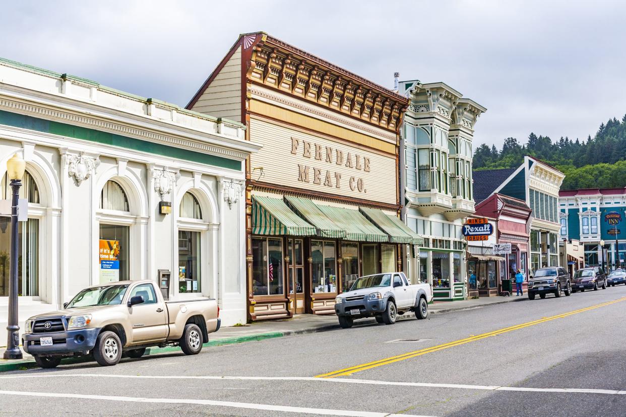 Ferndale, USA - June 18, 2012: Victorian storefronts in Ferndale, USA. The city shows dozens of well-preserved Victorian storefronts and homes.