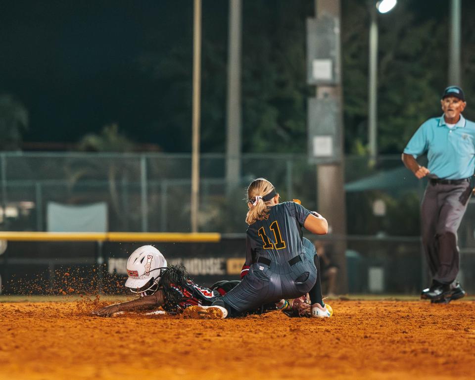 Bishop Verot and ECS face off in the final of the Private 8 softball tournament on March 7, 2024. The Sentinels won 4-0.