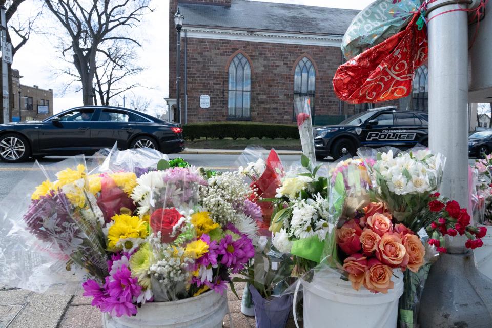 A memorial is set up after Elizabeth Feliciano-Rosa, a 54 years old school teacher at Dr. John Grieco Elementary School in Englewood, was killed in a hit and run accident on Madison Ave at Washington Ave in Dumont, NJ on Monday March 18, 2024. The accident occurred on March 14, 2024.