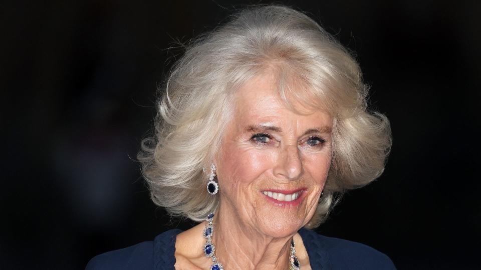 Queen Camilla in midnight-blue goen and sapphire necklace