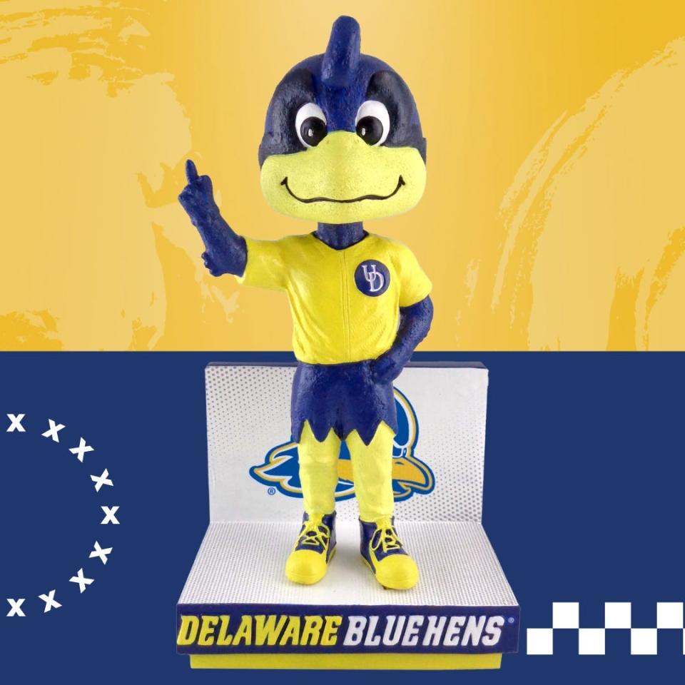 Baby Blue joins YoUDee as the University of Delaware's second Blue Hen mascot to become an officially licensed bobblehead in the National Bobblehead Hall of Fame and Museum in Milwaukee, Wisconsin. Baby Blue bobbleheads will be available on Sept. 8, 2023 and are part of a release celebrating the new academic year. YoUDee bobbleheads were released on Jan. 7, 2023, for National Bobblehead Day.