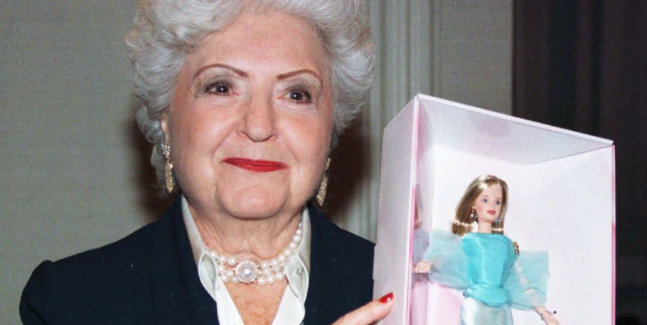 ruth handler, a co founder of mattel toys inc and creator of the brabie doll holds a bardie that was created for the 40th anniversary party for the doll in new york city, february 7, 1999 the toy company is kicking off a year long celebration of barbies 40 years photo by jeff christensen